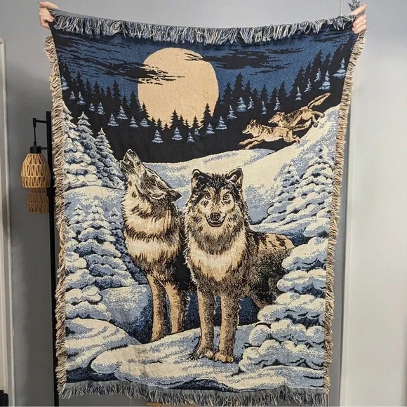 Vintage Woven Wolf Tapestry Throw Blanket Howling Moon Wilderness Cabin Decor