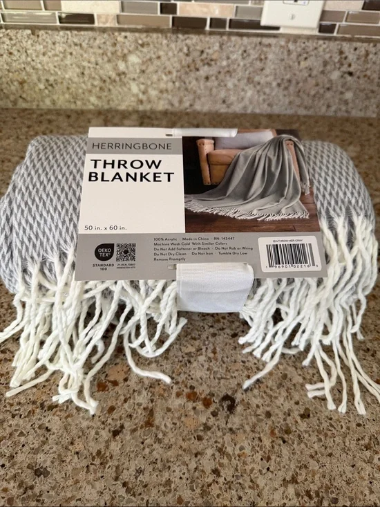 Herringbone Grey and White Herringbone Throw Blanket