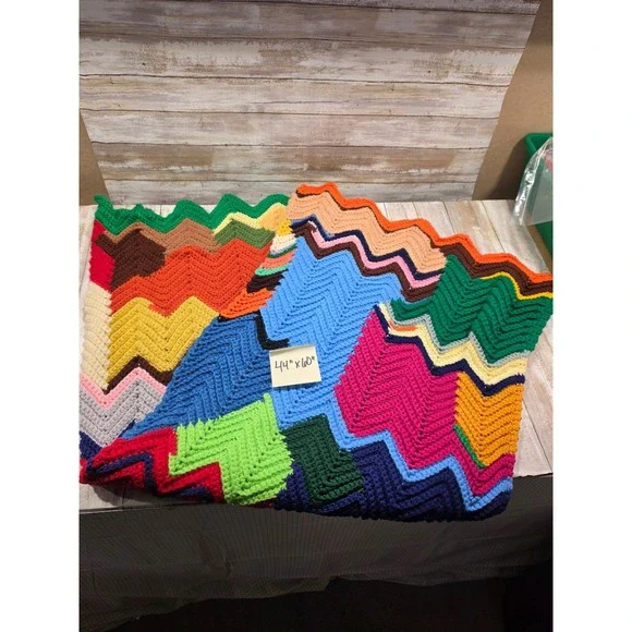 Handmade Crochet Afghan Blanket Multi Color Chevron Ripple‎ Throw 44x60 Retro