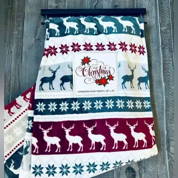 Reindeer Nordic Woodland Plush Holiday Christmas Throw Blanket