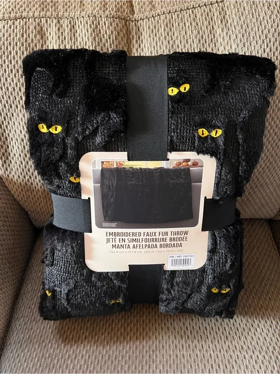 Embroidered Black Faux Fur Throw with Yellow Cat Eyes