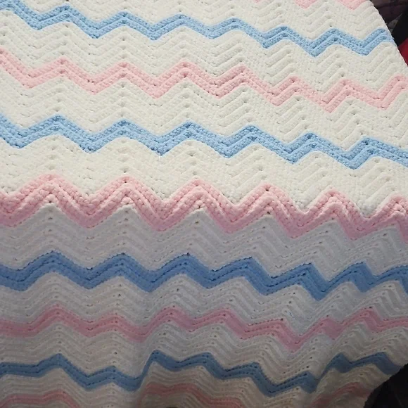 Handmade Crochet Chevron Blanket Pink Blue White Acrylic