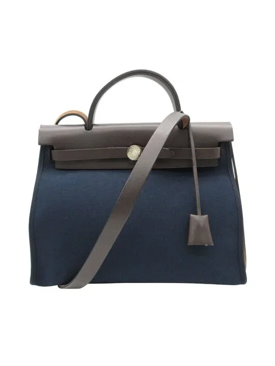 Hermes Handbag Herbag Zip PM Pouch Toile Military Leather Navy