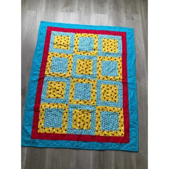 Handmade Quilt, ladybug daisy, Blue yellow red, child, baby, blanket