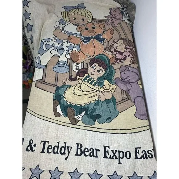 Vtg Woven Tapestry Throw Blanket  Cotton Doll & Teddy Bear Expo East’98 *Notes