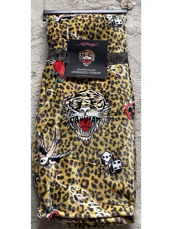 Ed Hardy Animal‎ Print Plush Oversized Throw Blanket Tiger Heart  Bird Dice NEW