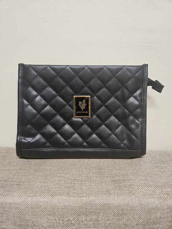 Younique Quilted Black Cosmetic Bag with Gold Plaque