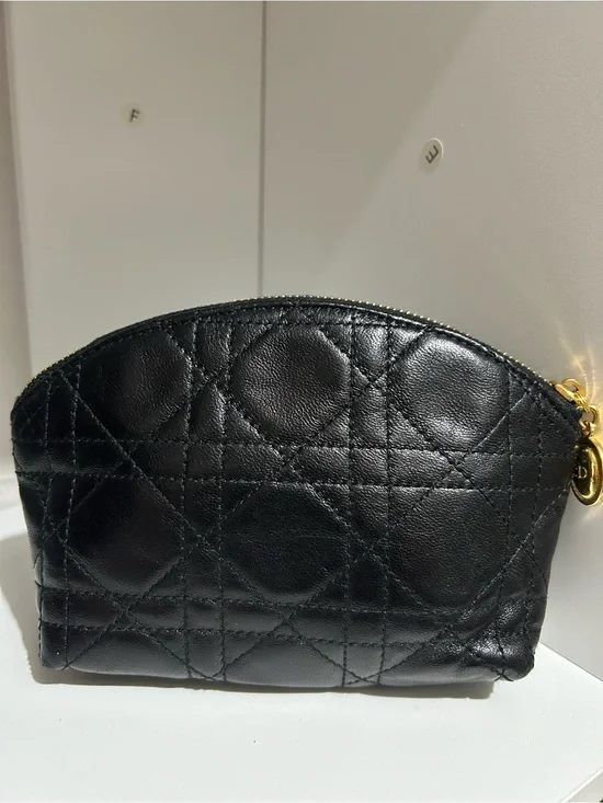 Dior Black Quilted Leather Cosmetic Pouch with Gold Hardware