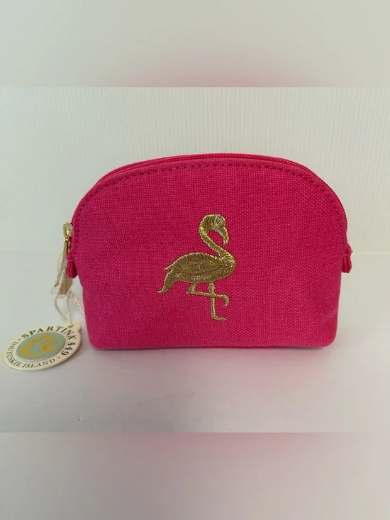 Spartina 449 NWT Pink Cosmetic Canvas/Linen Case Embroidered Gold Flamingo Icon