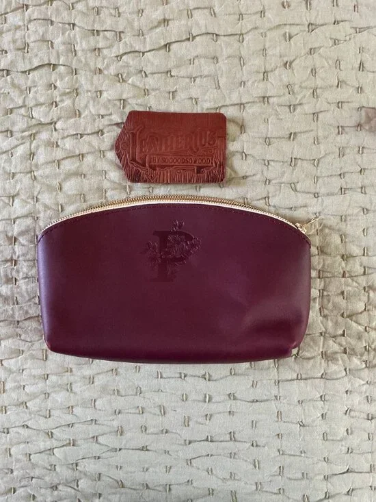 Magenta Quality Leather Cosmetic Bag Embossed with Initial P Floral Sogoodsowood