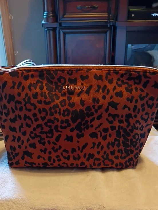Nine West Leopard-Print Makeup Pouch in Brown and Black NWT