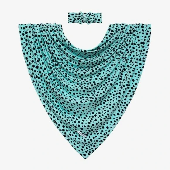 Posh Peanut Pebbles Swaddle‎ Blanket Headwrap Bow Set Teal Black Dots Cheetah