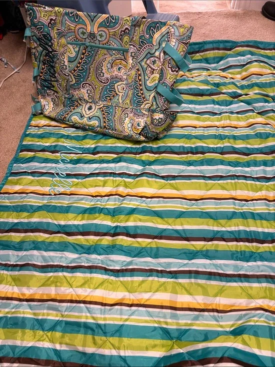 Laura Ashley Teal, Lime & Brown Striped blanket and bag