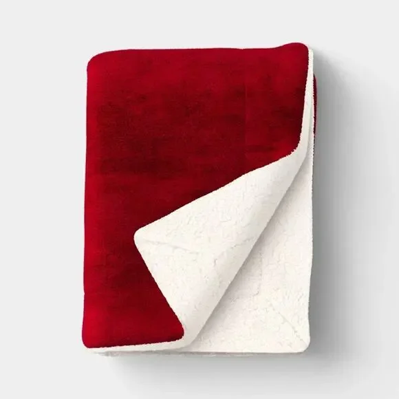 Threshold Solid Plush Throw Blanket with Faux Shearling Reverse Red NWT
