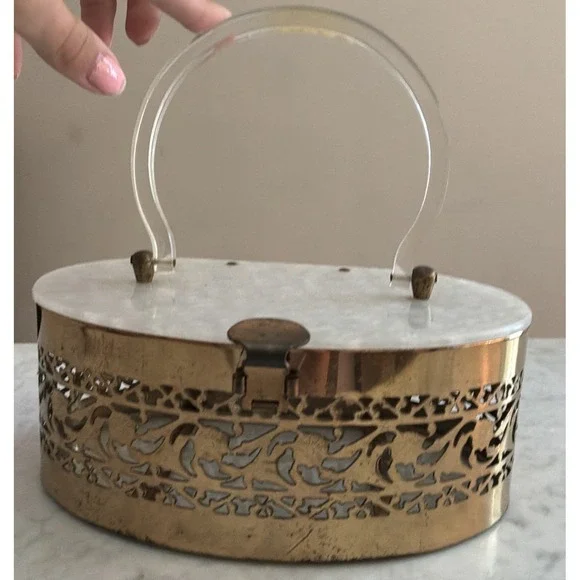 1950's Vntge Pearlescent Lucite/ Gold Tone Metal Filigree Box Top Handle Purse