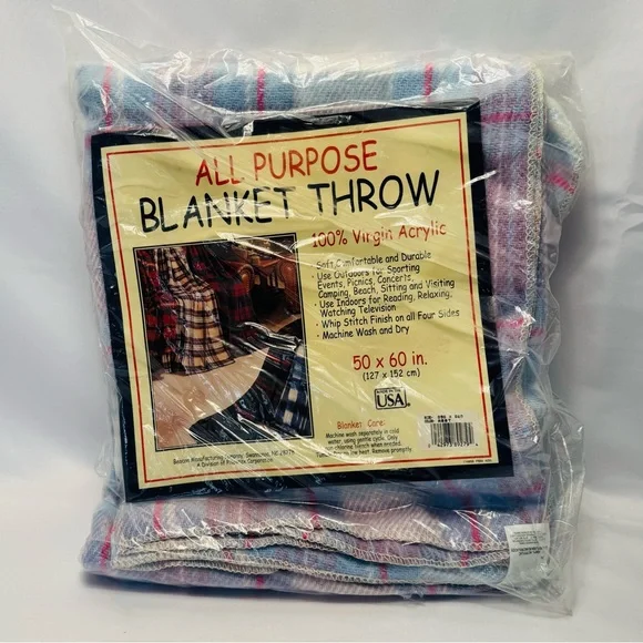 Vintage Beacon All Purpose Virgin Acrylic Blanket Throw Blue Plaid 50