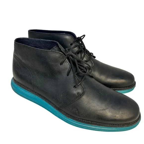 Cole Haan Lunargrand Chukka Boots Black Leather Teal Sole Men's 11M‎