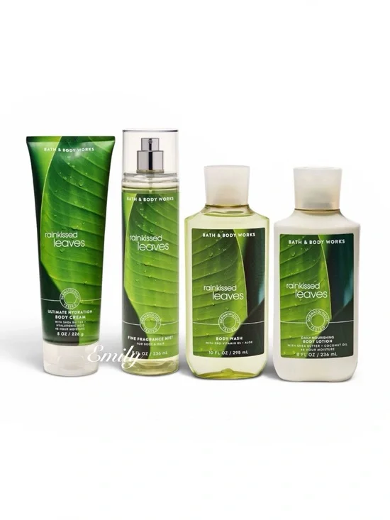 NEW 4-Pc Bath & Body Works RAINKISSED LEAVES Body Care Collection Set Bundle