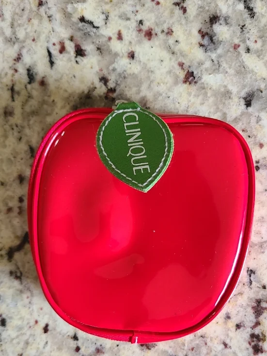 Clinique Shiny Red Apple Cosmetic Pouch with Green Leaf Tag