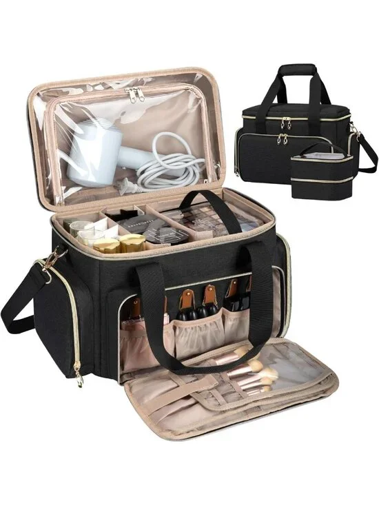 Spacious Travel Makeup Organizer Bag with Removable Pouches & Dividers - Black