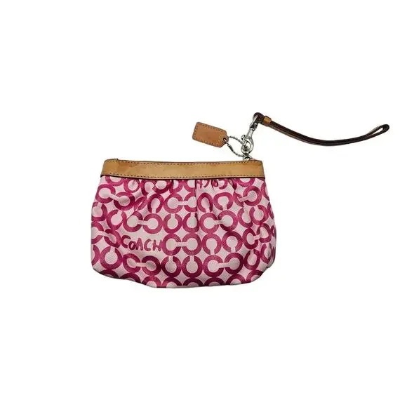 Coach Leah Opt‎ Art Pink Coated Canvas Tan Leather Cosmetic Toiletry Make-up Bag