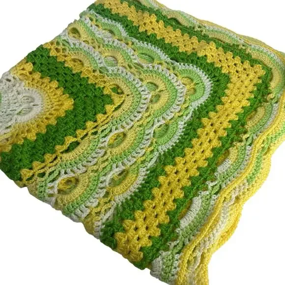 granny crochet quilt yellow green white Throw Blanket