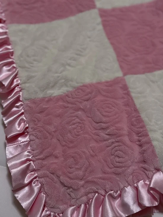 Plush Rose Patchwork Baby Blanket with Satin Ruffle - Pink & Cream