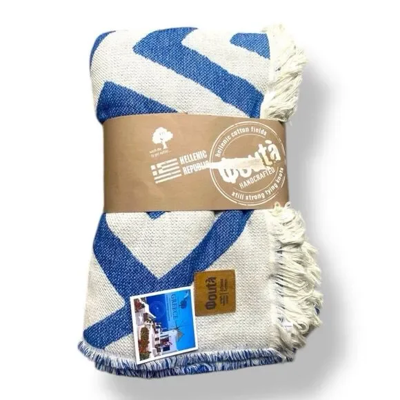 Qoutà Organic Hellenic Cotton Athens Greek Blue and White Blanket with Fringe