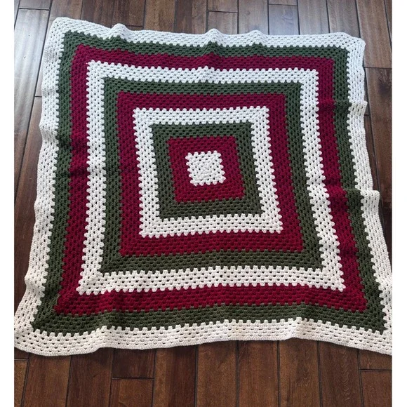 Handmade Crochet Granny Square Throw Blanket Green Red White Afghan 54x54
