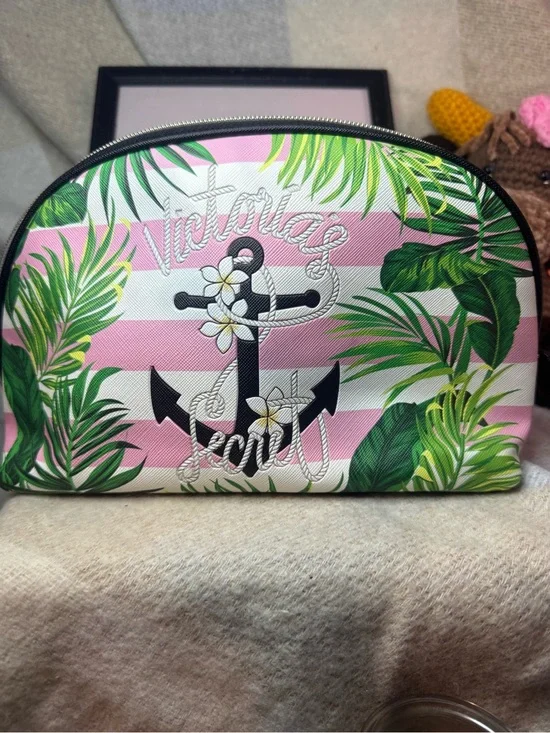 PINK Victoria's Secret Pink & White Striped Tropical Anchor Cosmetic Bag