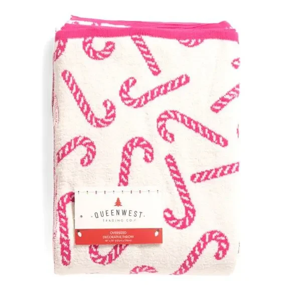 Queenwest Candy Cane Oversized Christmas Throw Blanket 50x70 Hot Pink White NEW
