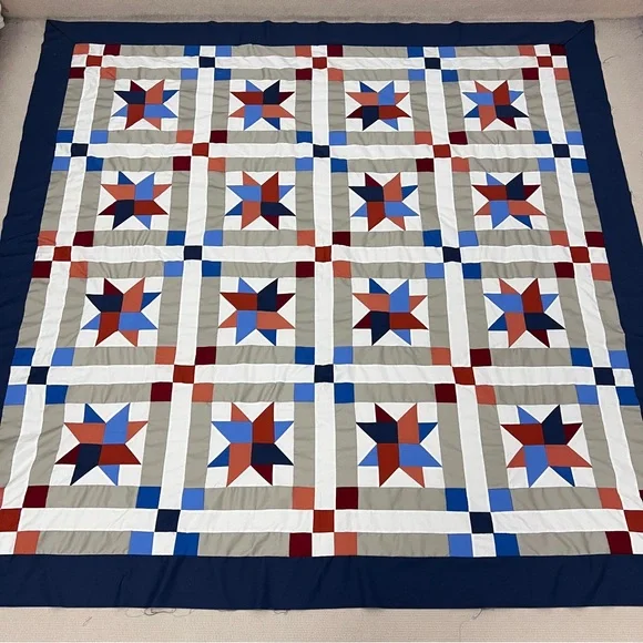 American Heartland Stars Patchwork Cotton fabric Queen size Quilt Top/Topper