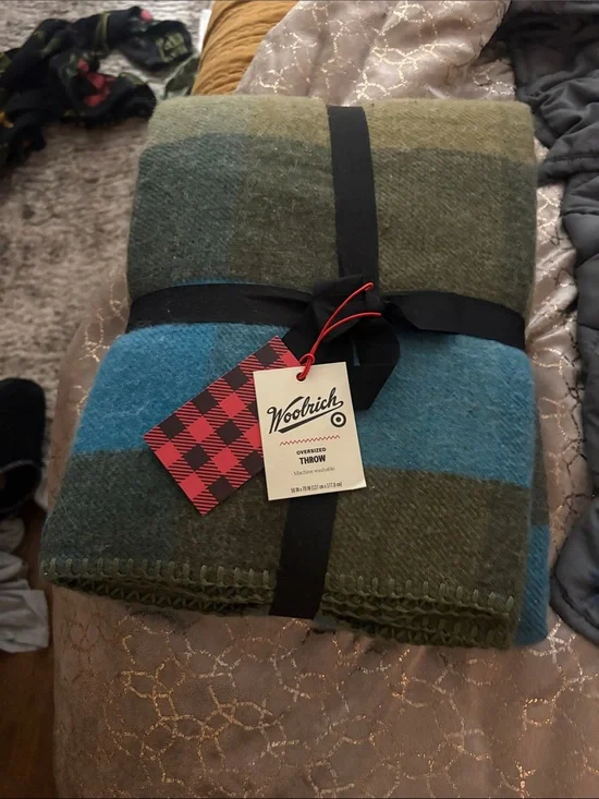 Woolrich Blue and Olive Green Striped Wool Throw