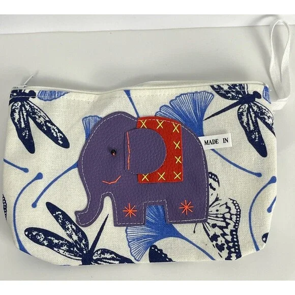 Cosmetic Bag Makeup Case Zipper White Blue Butterfly‎ Dragonfly Purple Elephant