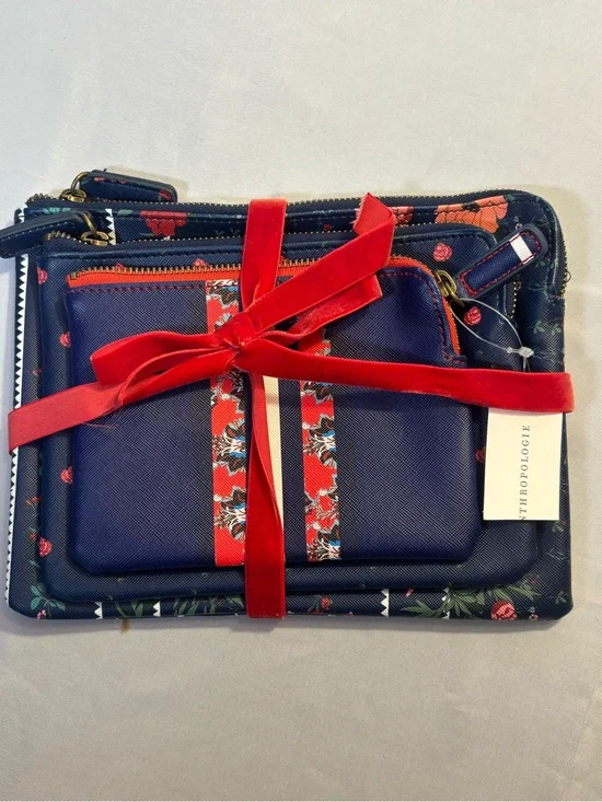 Anthropologie 3 Piece Preppy Cosmetic Bag Set New