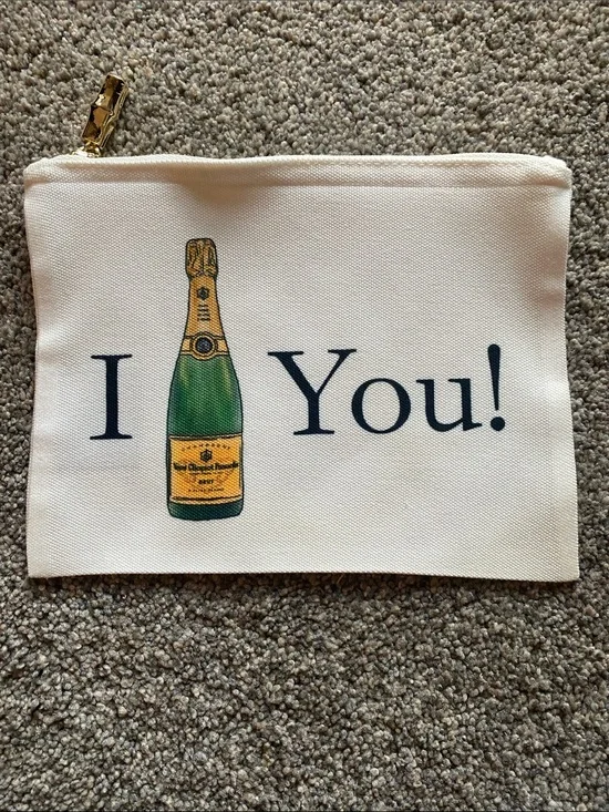 NWOT I (Veuve) You! Canvas Pouch - White with Green & Gold Print