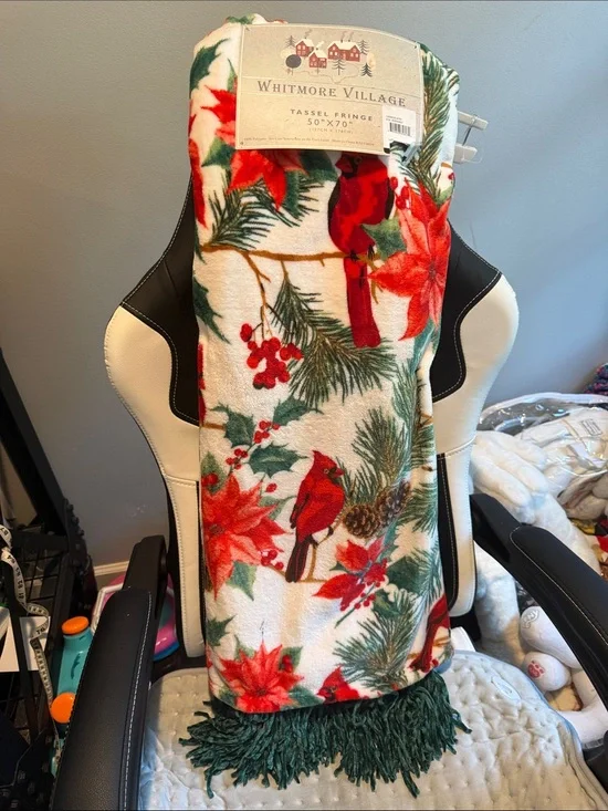 Whitmore Village Cardinal & Poinsettia Holiday Throw - Red, Green, Cream