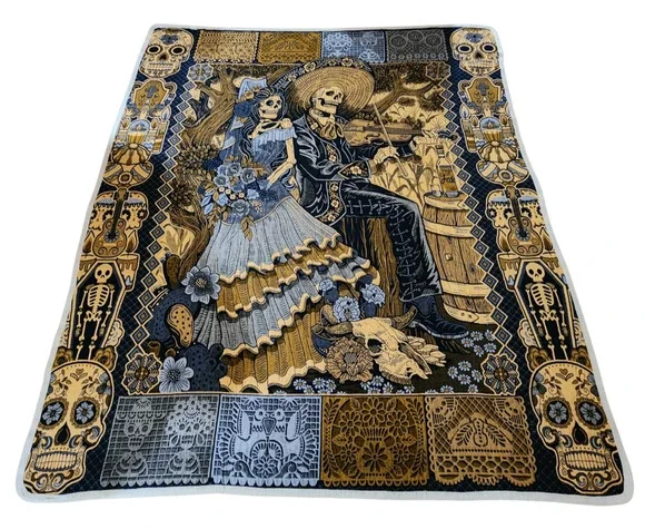 Day of the Dead Blanket Dia de los Muertos Woven Throw Calavera Couple 82x89