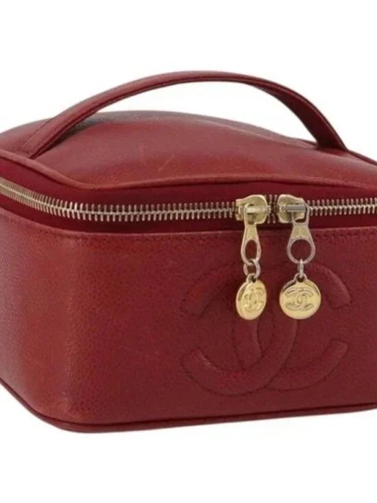 CHANEL COCO Mark Vanity Hand Bag Grained Calf Skin Red Gold CC Auth ka4988