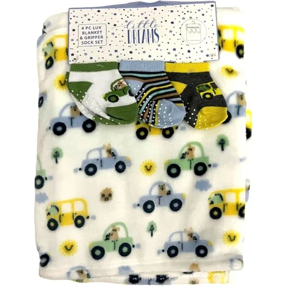 Little Dreams Car Bunny Baby Blanket 3pc Socks Set Soft‎ Plush 30x40 Boy NWT