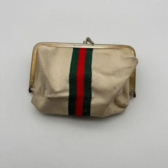 Vintage Travel Vanity Sewing Kit Canvas Green Red Web Stripe Kiss Lock Gold Tone