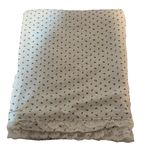 Vintage Baby Blanket Lace Trim Blue White Floral Like Weight