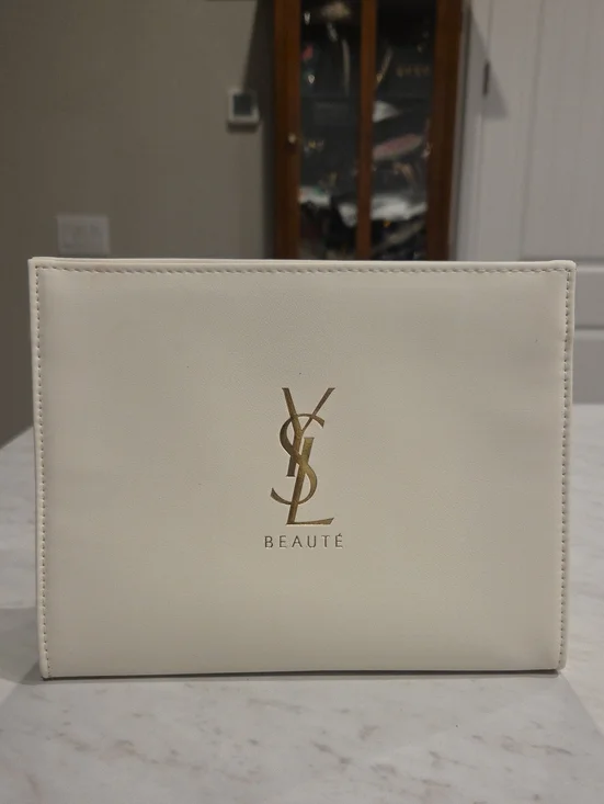 Yves Saint Laurent White Cosmetic Pouch with Gold Logo