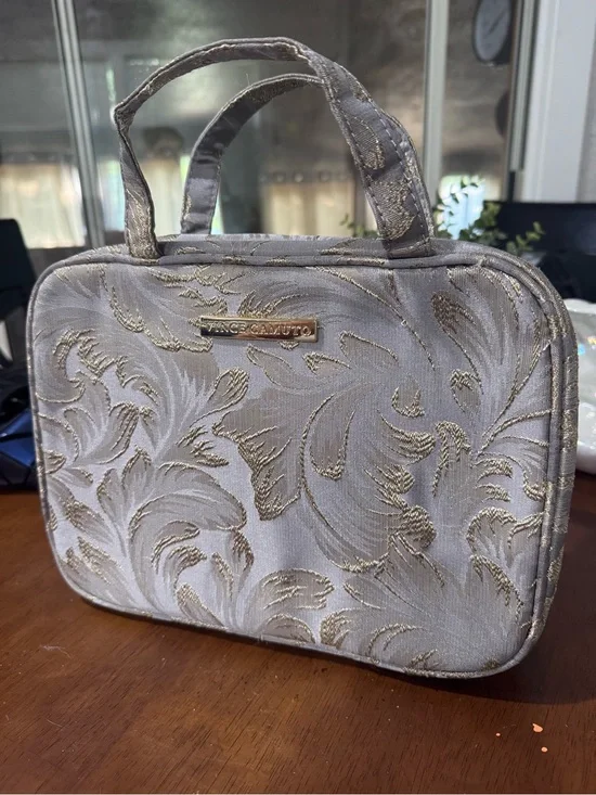 Vince Camuto Cream Cosmetic Case with Gold Embroidered Detail