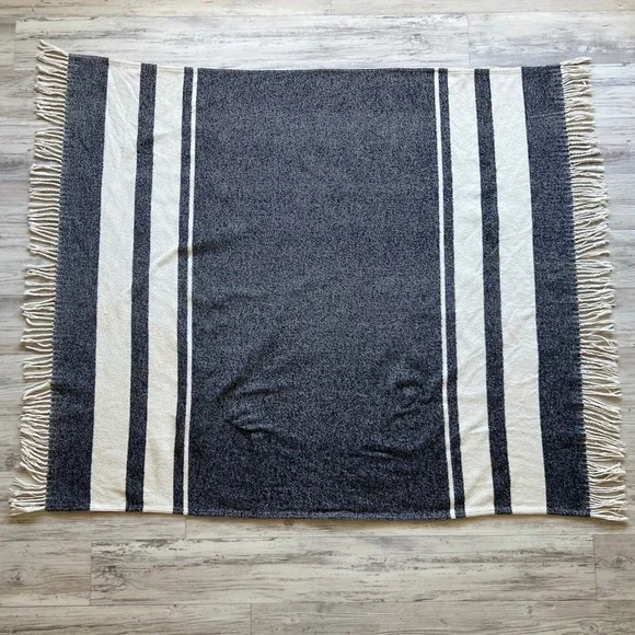 Roca Home Navy White Striped Woven Throw Blanket Fringe 50x67 Made in Portugal