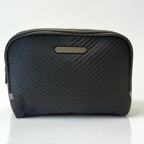 New! AIMEE KESTENBERG BLACK NYLON QUILTED COSMETIC BAG