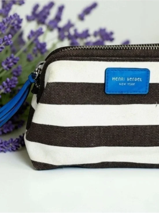 henri bendel Black and White Striped Wristlet with Blue Accent