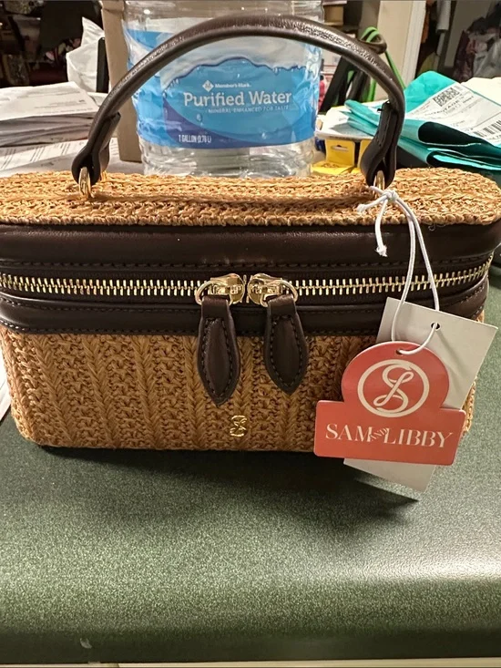Sam & Libby Woven Joy Raffia Vanity/Train Case w/Brown Trim & Gold Hardware NWT