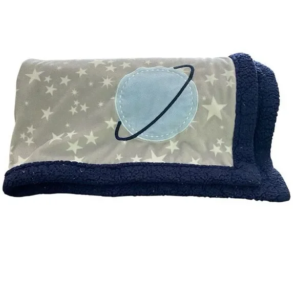 Lambs & Ivy Milky Way Baby Blanket Gray Blue Stars Minky Faux Shearling Space