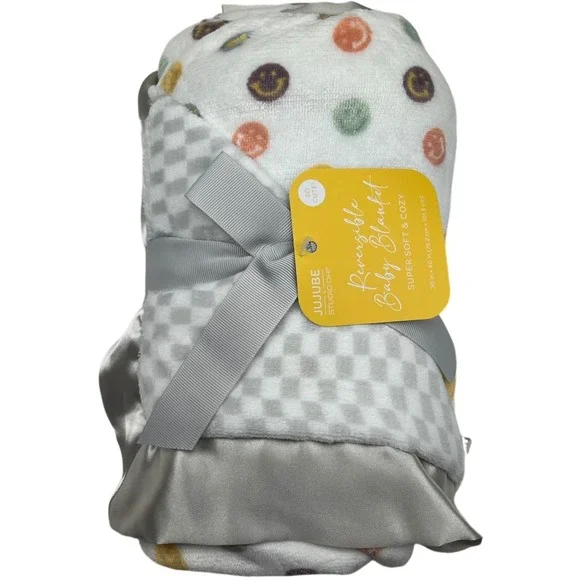 JuJuBe‎ Smile Happy Vibe Plush Baby Blanket Silver Satin Trim Smiley Face NWT